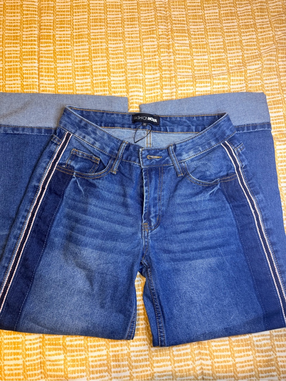 Fashion Nova women’s Two-Tone Blue Slim Jeans with Side Stripe